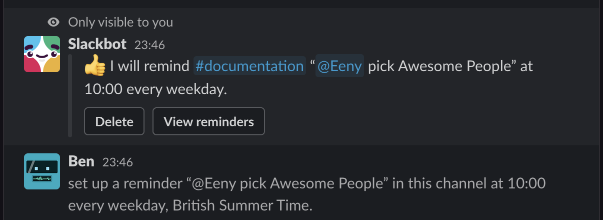 Screenshot Slack confirming a reminder has been set