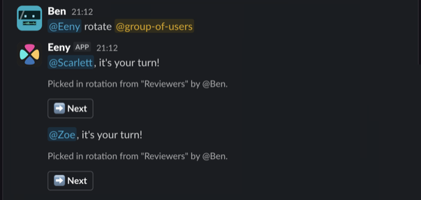 Screenshot of rotating through a Slack group