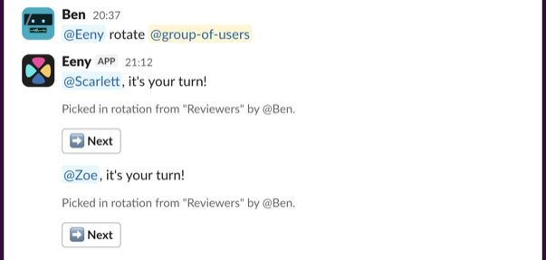 Screenshot of rotating through a Slack group